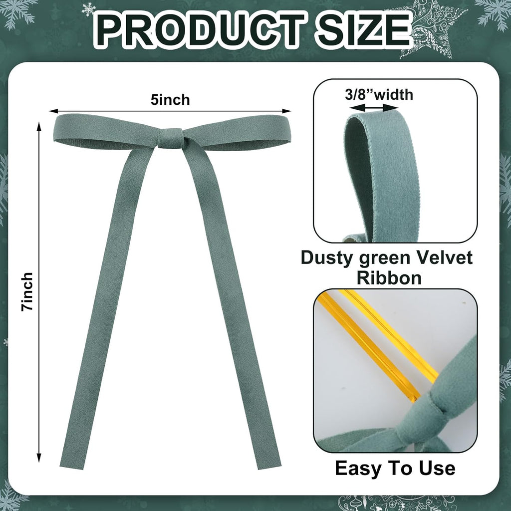 Skiennix 24 Pcs Velvet Bows - Vintage Double-Faced Ribbon Ornaments for Christmas Tree & Wreath | Sage Green (5 x 7 Inch)
