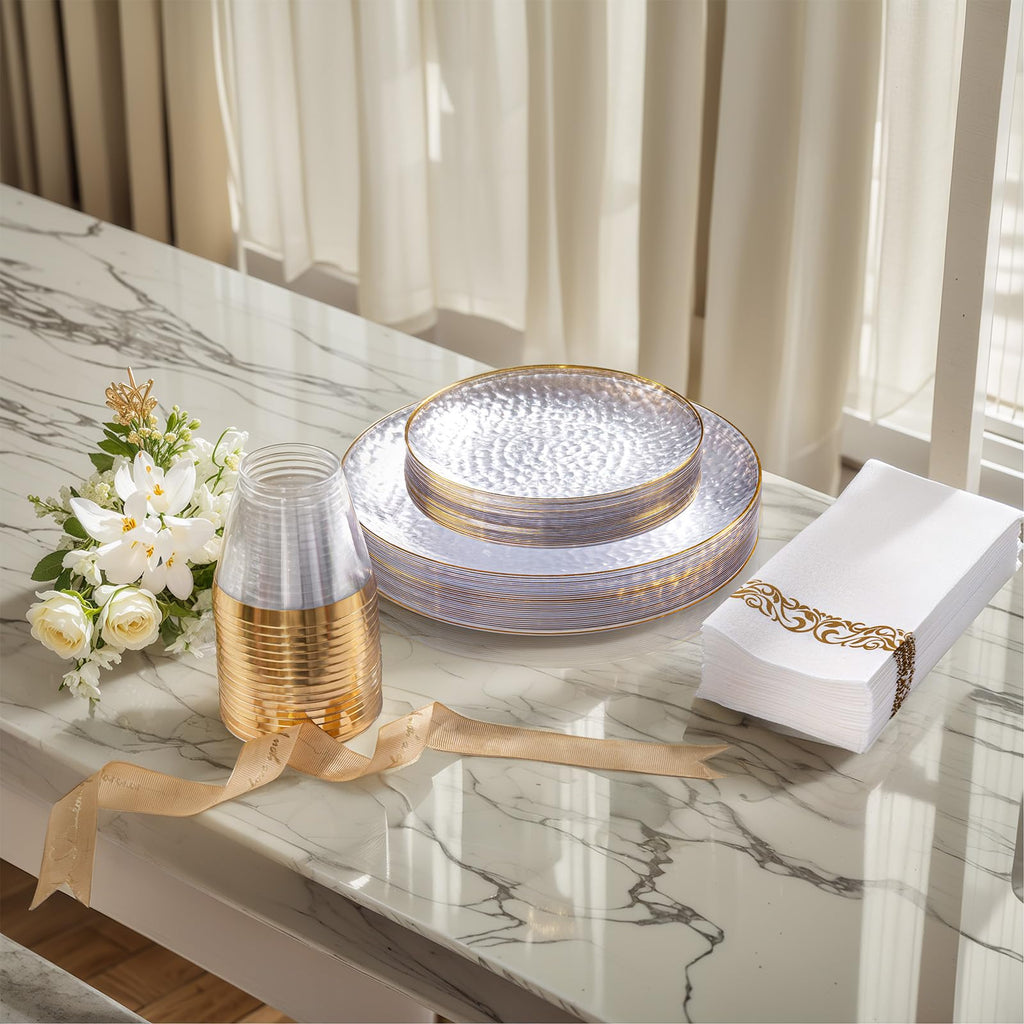 DaYammi 175PCS Clear Gold Plastic Dinnerware Set, Plastic Plates Disposable Hammered Disposable Plates for Party, Include: 25 Dinner Plates 25 Dessert Plates 75 Gold Silverware 25 Napkins 25 Cups