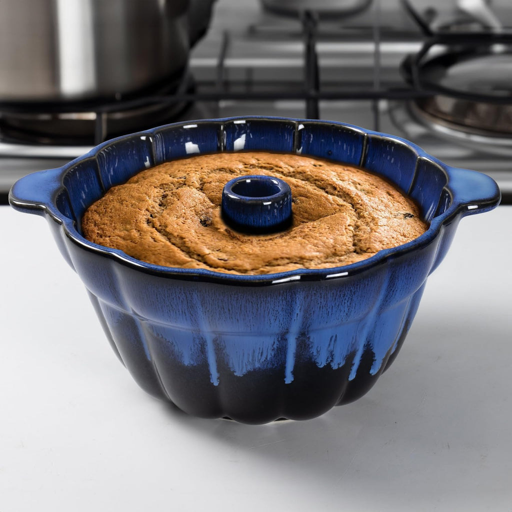 Emeril Lagasse Fluted Cake Pan Stoneware 9.5 in – Pound Cake Baking Pan, Perfect for Baking Delicious Cakes! (Dark Blue)