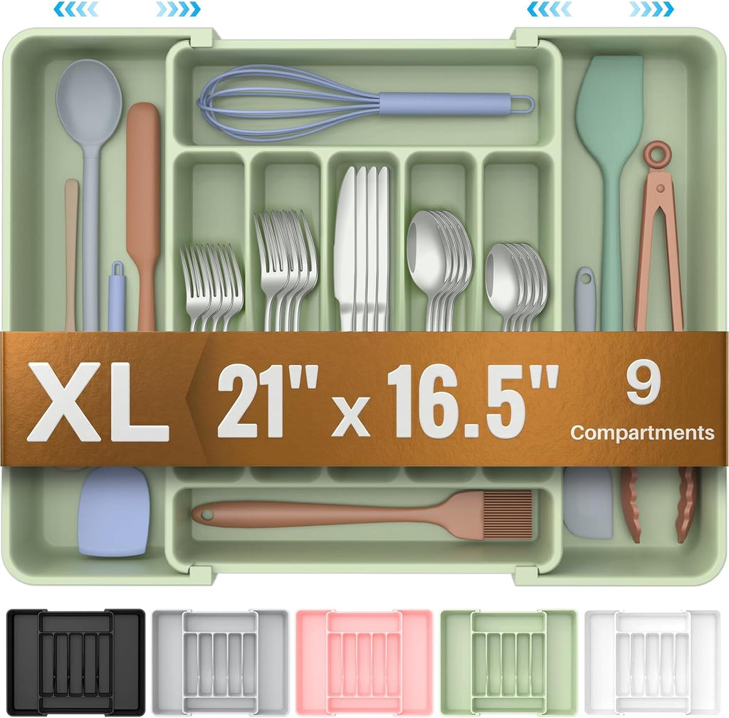 Ukeetap Extra Large Expandable Silverware Organizer - BPA-Free Cutlery Holder for Kitchen Drawers | Green