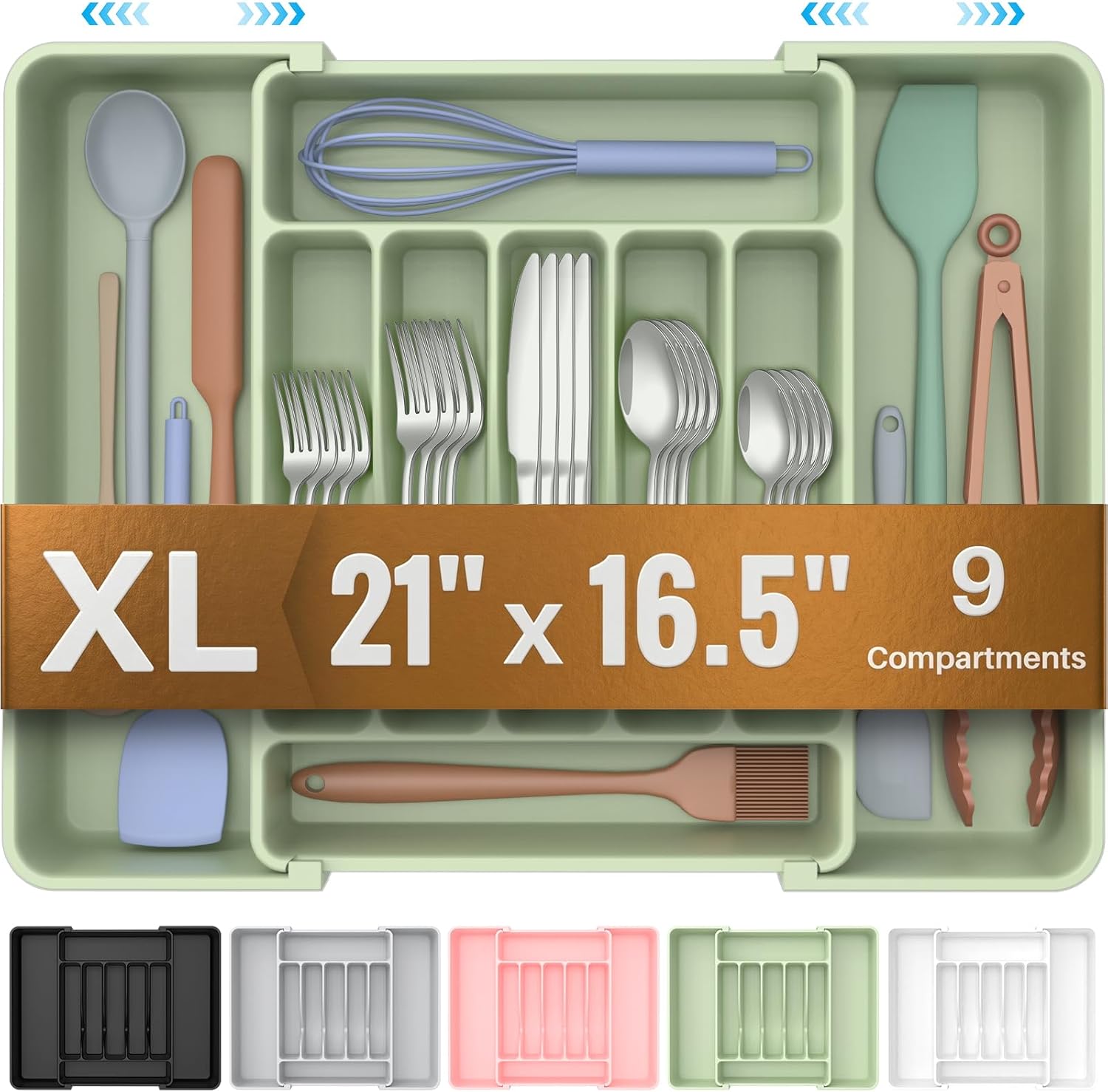 Ukeetap Extra Large Expandable Silverware Organizer - BPA-Free Cutlery Holder for Kitchen Drawers | Green