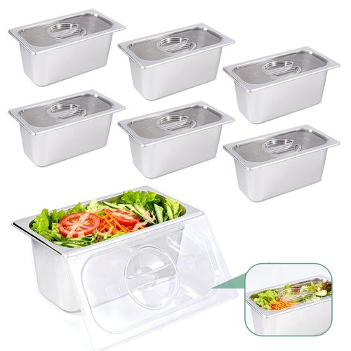 Bofolai 6 Pack Stainless Steam Hotel Pan with Lid, 1/3 Size x 6 Inch Deep Table Steam Pan Restaurant Supplies Reusable Anti Rust Catering Storage for Home, Buffet,Party, Restaurant, Hotel
