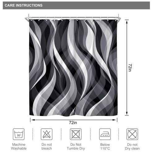 Riyidecor Modern Black White Gray Shower Curtain – Abstract Striped Geometric Design, 72Wx72H, Waterproof Polyester with 12 Hooks for Stylish Bathroom Decor