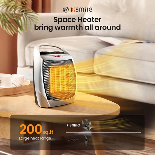 Kismile Portable Electric Space Heater - Adjustable Thermostat & Overheat Protection | 750W/1500W, Silver