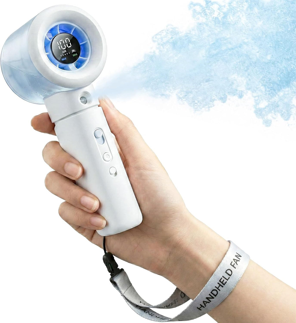 Skiennix Handheld Portable Fan - Misting, Safety Lock & LED Display | High-Speed 20000 RPM Mini Fan (White)