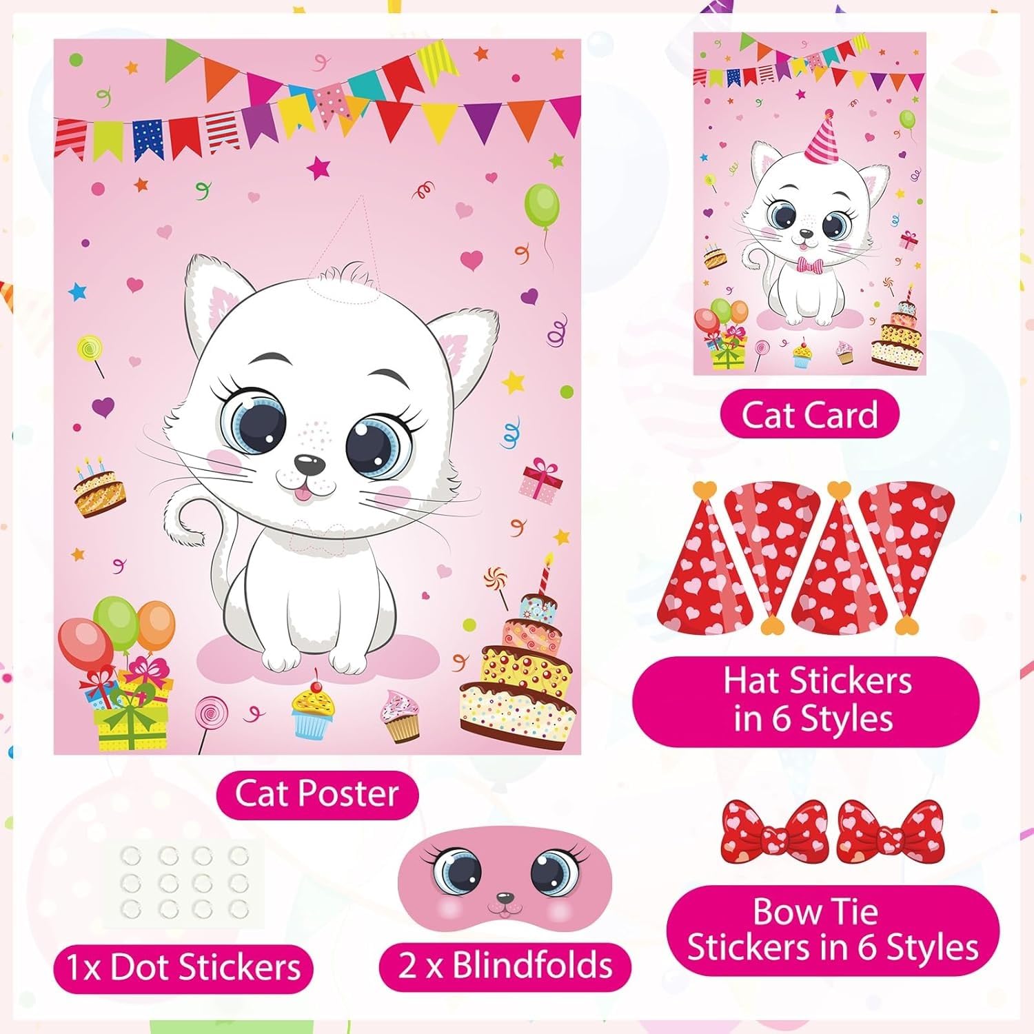 PLULON Cat Party Game for Kids Pin The Hat Bow Tie on The Cat Birthday Game Poster for Boy Girl Birthday Summer Party Favors Wall Decorations Classroom Activities