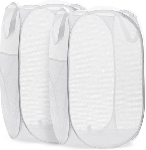 Handy Laundry Collapsible Mesh Pop-Up Hamper - 2-Pack, Space-Saving Design with Side Pocket, Durable & Breathable (White)