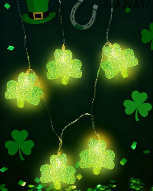 Kaszmwin St. Patrick's Day Lights 6.9FT 10 LED Shamrock String Lights with Timer Lucky Clover String Light for St. Patrick's Day Indoor Outdoor Party Irish Holiday Garden Decoration