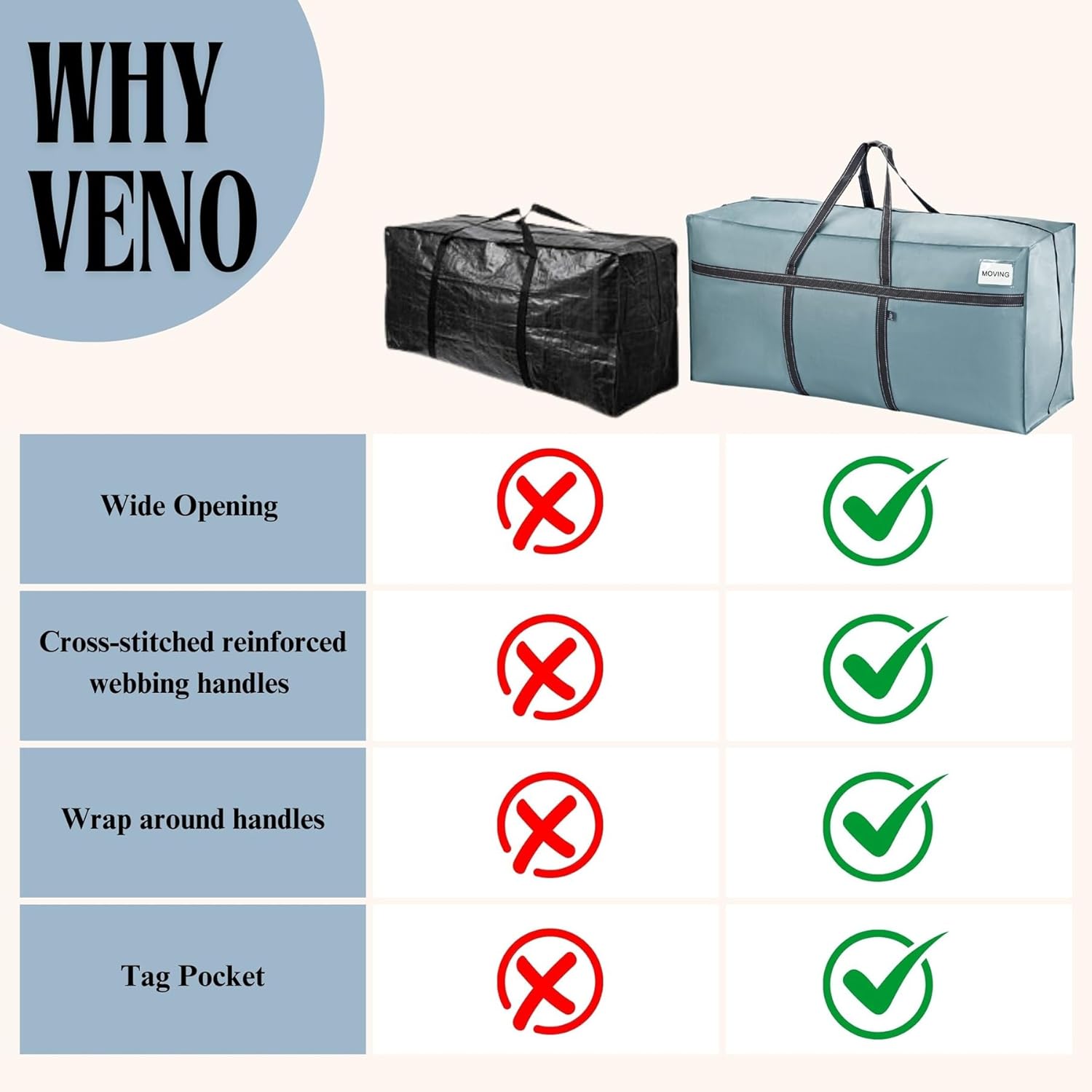 VENO Extra Large Moving Bags - Heavy Duty Storage Solution | 2 Pack Light Blue Matte for College & Holiday Use