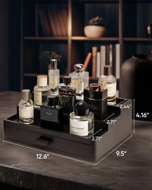 BRITEREE Cologne Organizer for Men, 3 Tier Wooden Cologne Stand with Drawer Storage and Hidden Compartment, Perfume Display Holder for Dresser, Great Gifts for Men and Women Valentine, Black