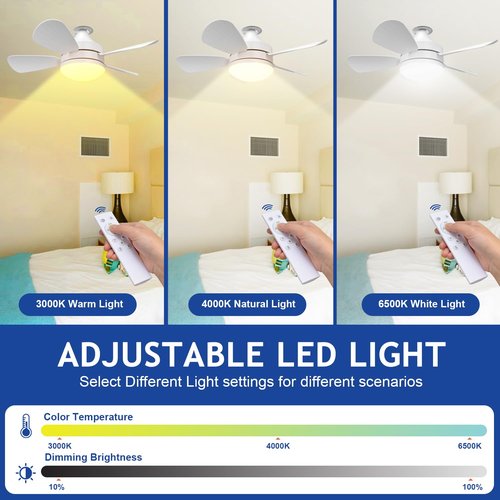 Jolimark 2000 Lumen Socket Ceiling Fan Light with Remote, E26 Socket, 3 Speed Noiseless Dimmable Fan, Adjustable CCT, 2/4H Timer, for Kitchen Bathroom Garage Bedroom, White