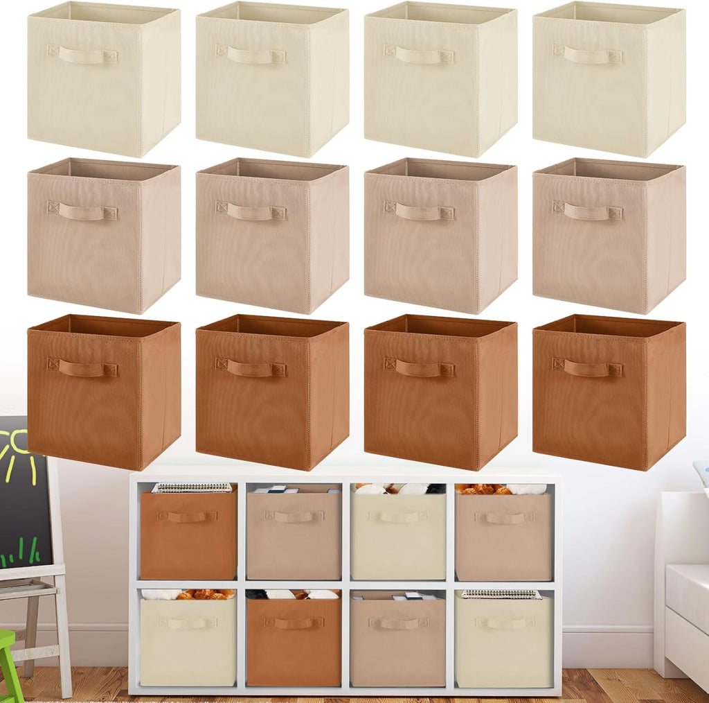 Yinder 12 Pcs Cube Storage Bins - Foldable Fabric Organizers for Playroom & Nursery - Brown 11''