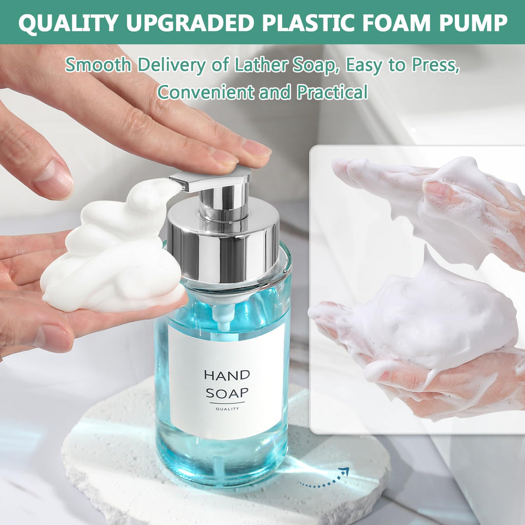 RYTOXILO Glass Soap Dispenser, 10 oz/300ml Foaming Soap Dispenser, 2 Pack Foaming Hand Dispenser for Bathroom & Kitchen, Clear Refillable Foam Soap Bottle with Silver Pump