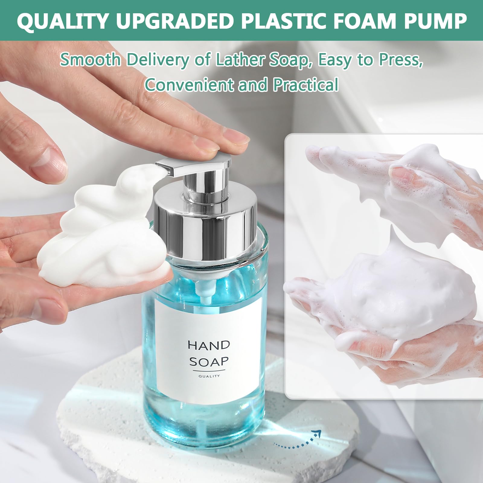 RYTOXILO Glass Soap Dispenser, 10 oz/300ml Foaming Soap Dispenser, 2 Pack Foaming Hand Dispenser for Bathroom & Kitchen, Clear Refillable Foam Soap Bottle with Silver Pump