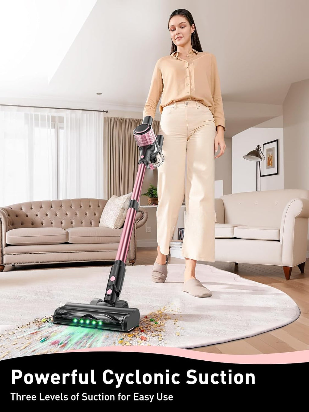 VICEASE Cordless Vacuum Cleaner - 8-in-1 Powerful Suction for Home | Lightweight, LED Display, 45 Min Battery, Pink