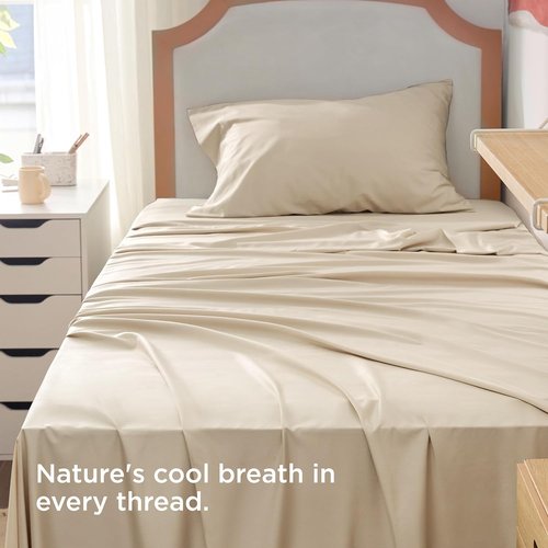Bedsure Cooling Sheets - Twin XL Bamboo Rayon, Breathable & Soft, Deep Pocket Up to 16 Inches, Beige