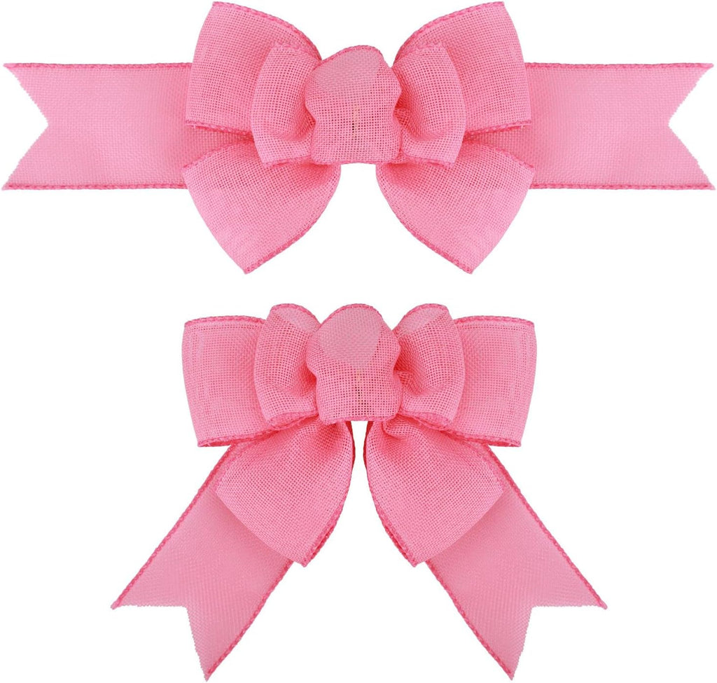 Meseey Pink Wired Ribbon - 2 Pcs Handmade Burlap Bows for Spring & Summer Decor | Gift Wrapping & Wreaths