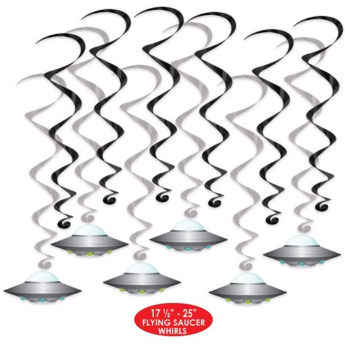 Beistle Flying Saucer Whirls – 24 Pack, Black & Silver Hanging Swirl Decorations with UFO Cutouts, Space-Themed Ceiling Décor for Alien Parties, Sci-Fi Events & Cosmic Galaxy Celebrations, 17½"–25"