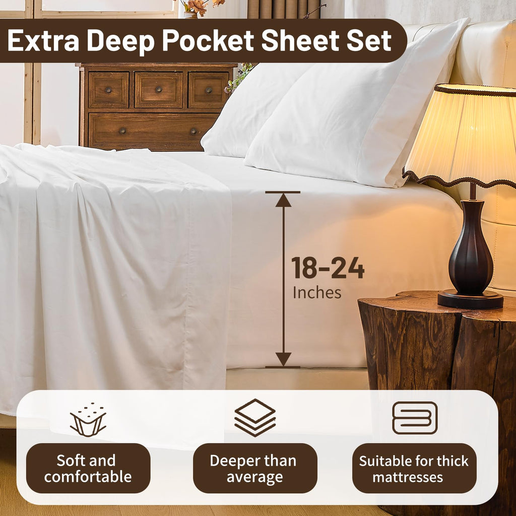 MEISHANG Extra Deep Pocket Cotton Sheets Queen Size - 100% Egyptian Cotton 1000 Thread Count - Fits 18"-24" in Deep Mattress,Oeko-Tex Certified, Soft & Breathable - 4 Piece (Queen, Whtie)