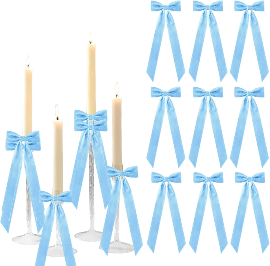 Meseey Baby Blue Candlestick Holders - 12 Pcs Decorative Velvet Bows | 5x13.5 Inch Centerpieces for Events