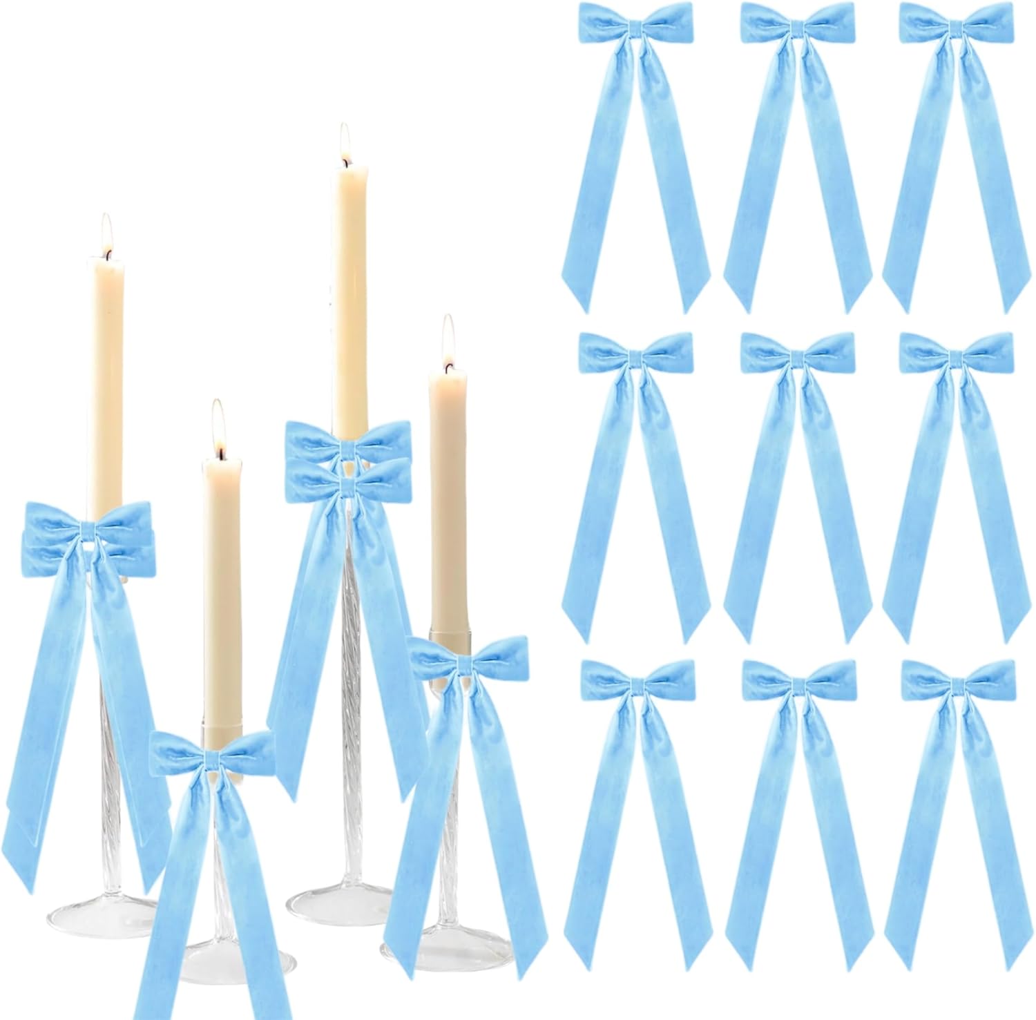 Meseey Baby Blue Candlestick Holders - 12 Pcs Decorative Velvet Bows | 5x13.5 Inch Centerpieces for Events
