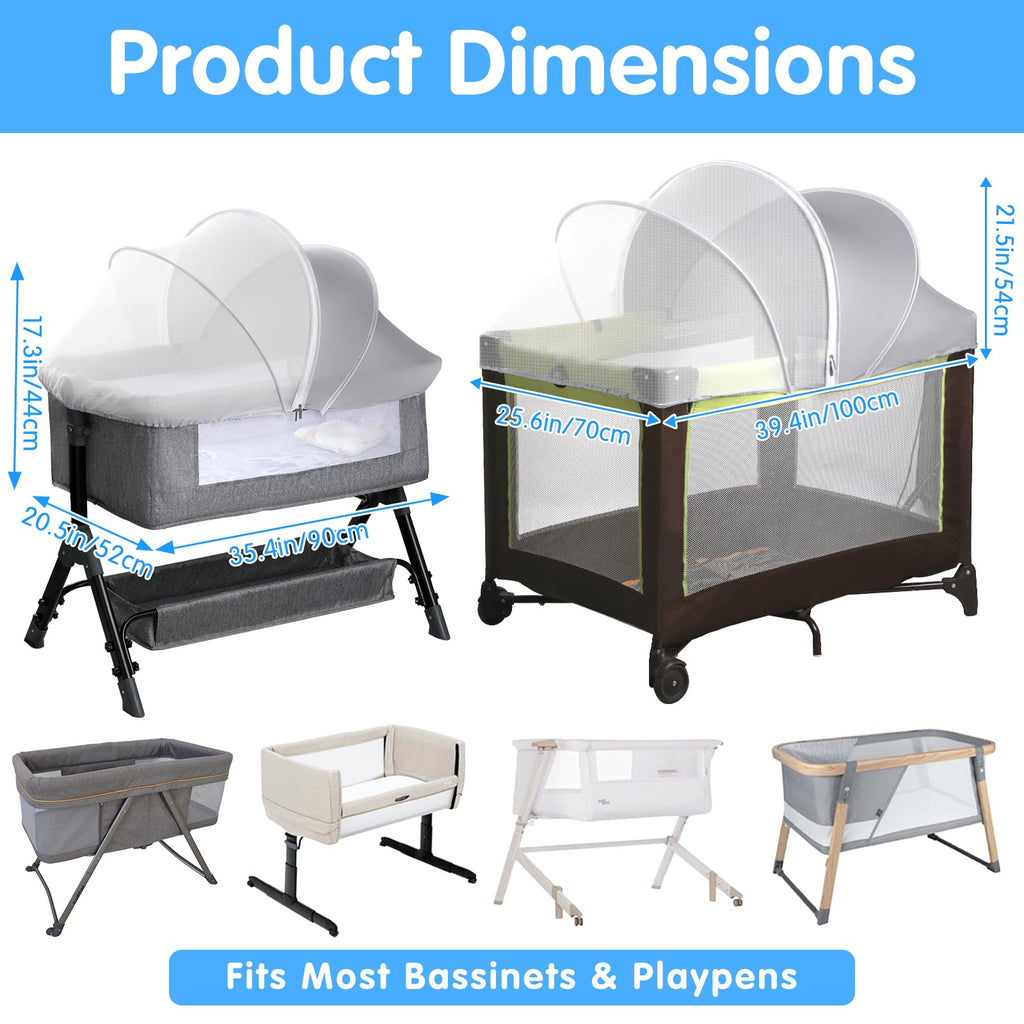 Pack N Play Tent Cover - Light-Blocking Mosquito Net with Two-Way Zipper Portable Bassinet Canopy to Keep Cats Out Bedside Bassinet Insect-Proof Cover, Gray-Large
