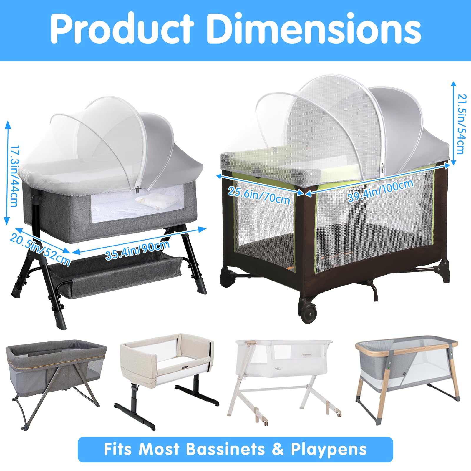 Pack N Play Tent Cover - Light-Blocking Mosquito Net with Two-Way Zipper Portable Bassinet Canopy to Keep Cats Out Bedside Bassinet Insect-Proof Cover, Gray-Large