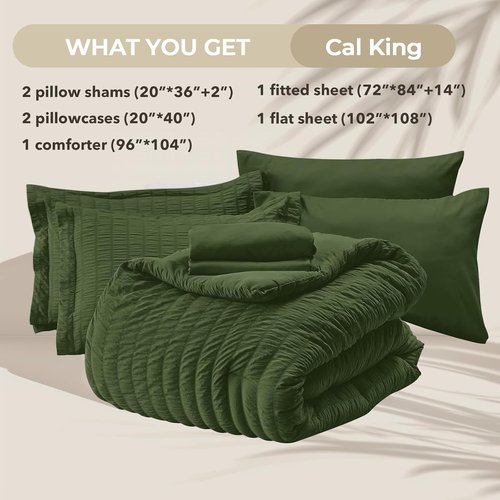 HYMOKEGE California King Comforter Set - Olive Green Seersucker 7-Piece Luxury Bedding Set