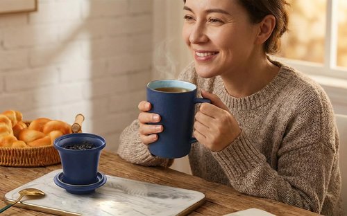 Foinly 15 oz Ceramic Tea Infuser Cup with Lid - Tea Mug with All Porcelain Strainer for Loose Leaf Teas,Microwave and Dishwasher Safe,Metal-Free,BPA-Free for Tea Lovers/Mother's Day (Blue)