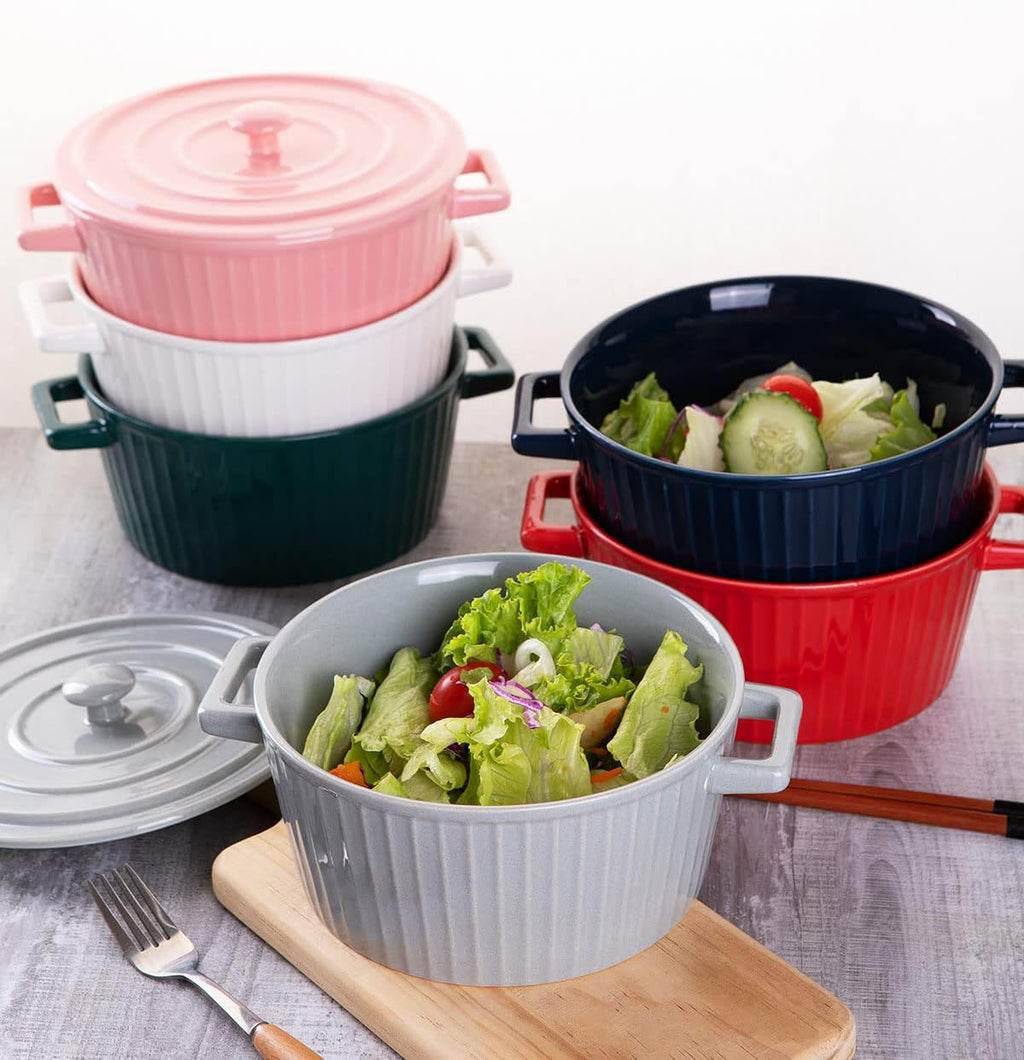 WHJY Ceramic Casserole Dish - White Colorful Design with Lid | 1 Quart Bakeware Oven Pan