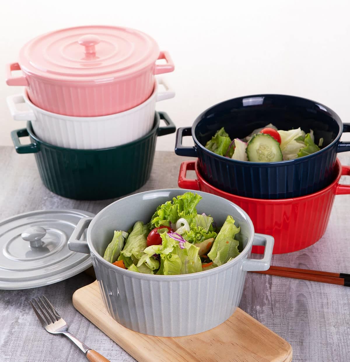 WHJY Ceramic Casserole Dish - White Colorful Design with Lid | 1 Quart Bakeware Oven Pan