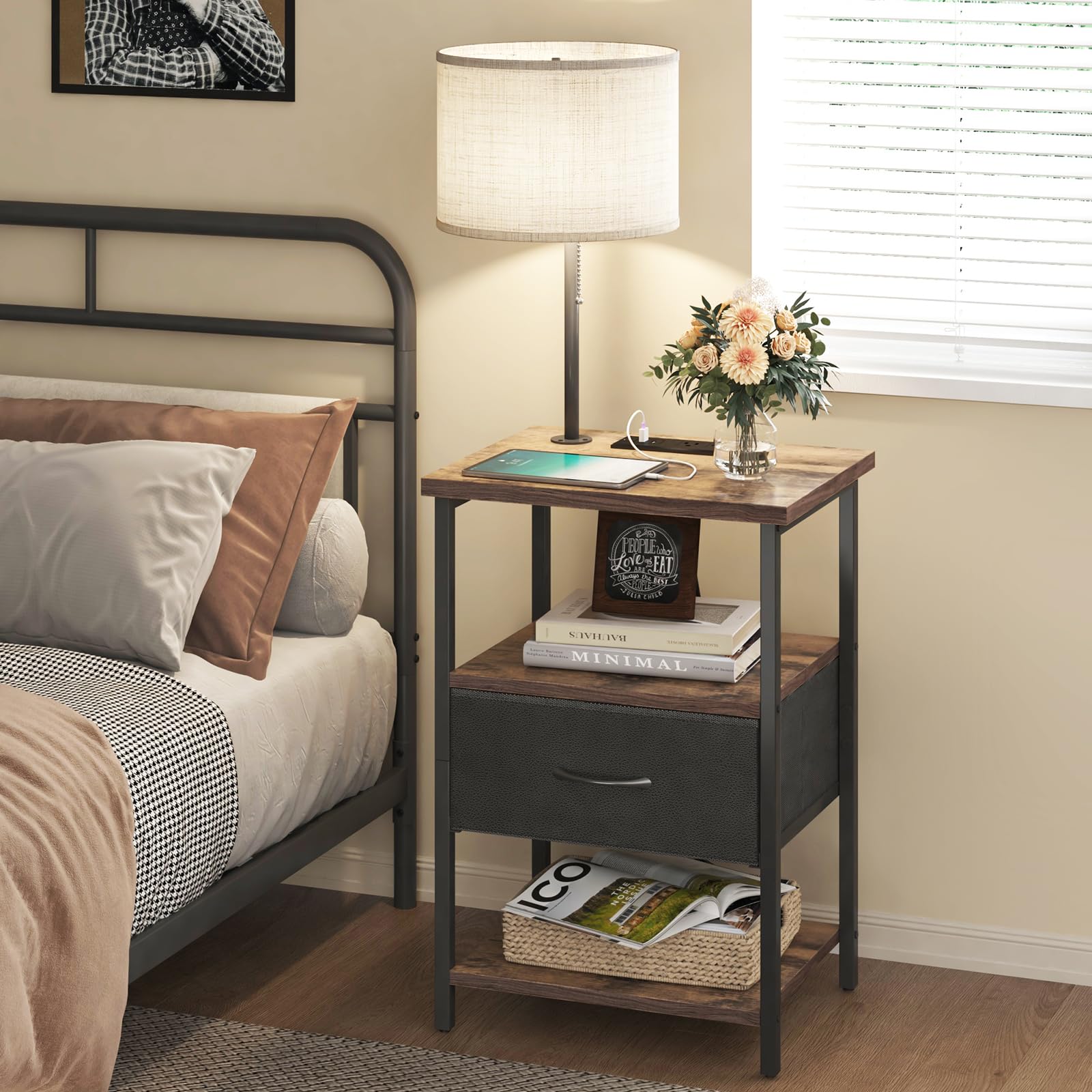 Fixwal Nightstand with Lights Bedside Table with 3 Color Temperatures Bulb, Night Stand with Charging Station End Table with Adjustable Fabric Drawer for Bedroom Dorm