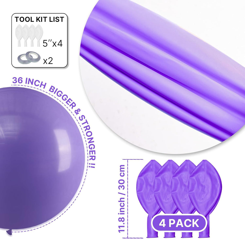 PartyWoo 36-Inch Purple Latex Balloons - 4pcs for Birthday, Baby Shower & Wedding Decor