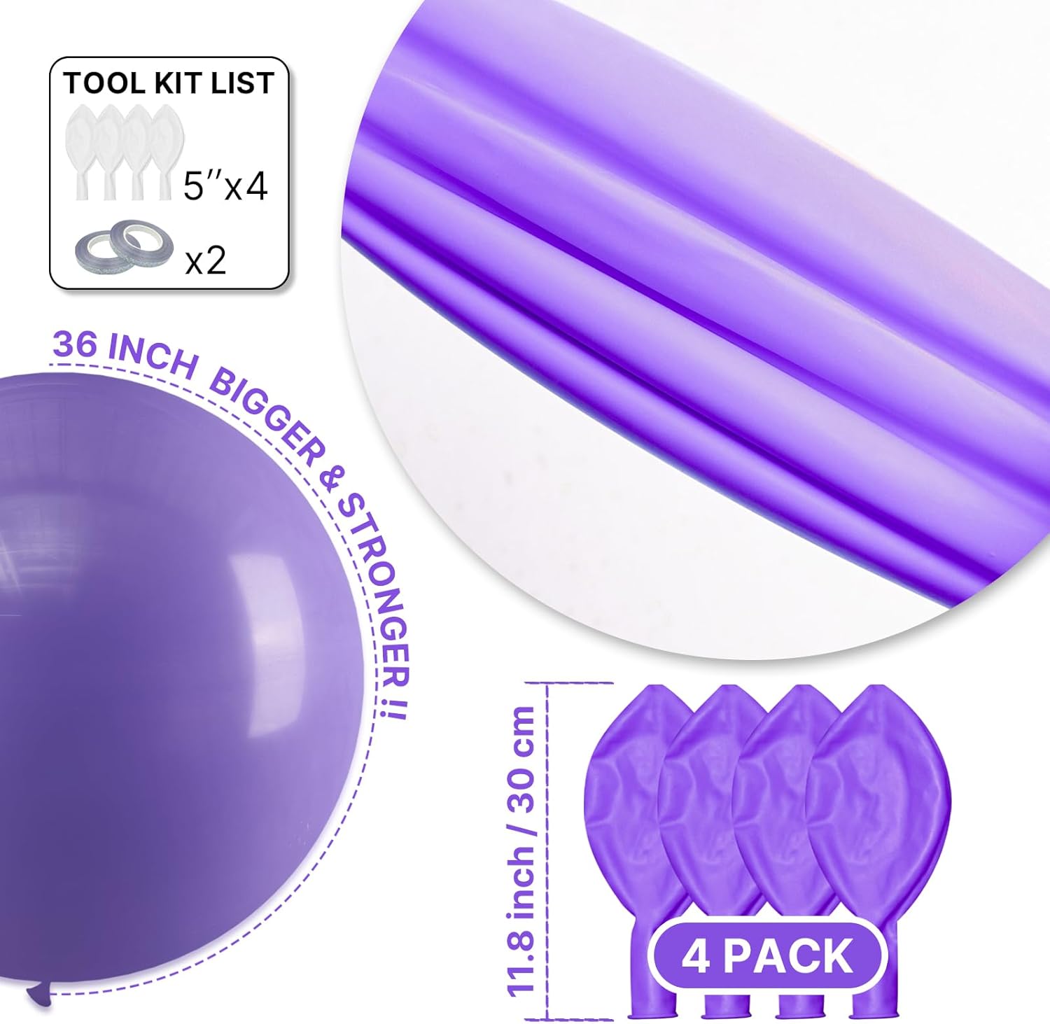 PartyWoo 36-Inch Purple Latex Balloons - 4pcs for Birthday, Baby Shower & Wedding Decor