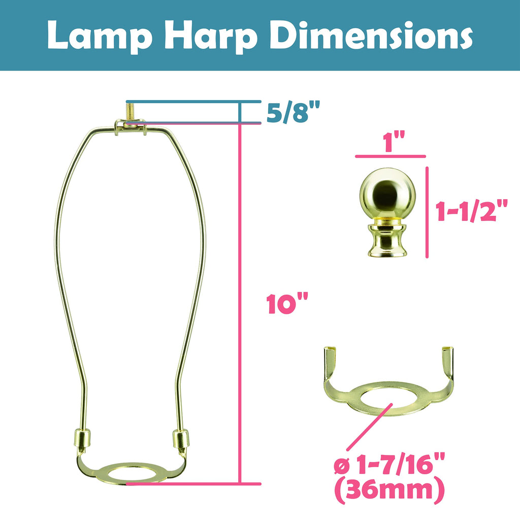 Aspen Creative 20041-12A, 10" Lamp Shade Harp Holder with E26 UNO Fitter Adapter, Includes Solid Steel Bumped Cylinder Finial, 10" Harp, and E26 36mm UNO Fitter in Brass Plated Finish, 2 Pack