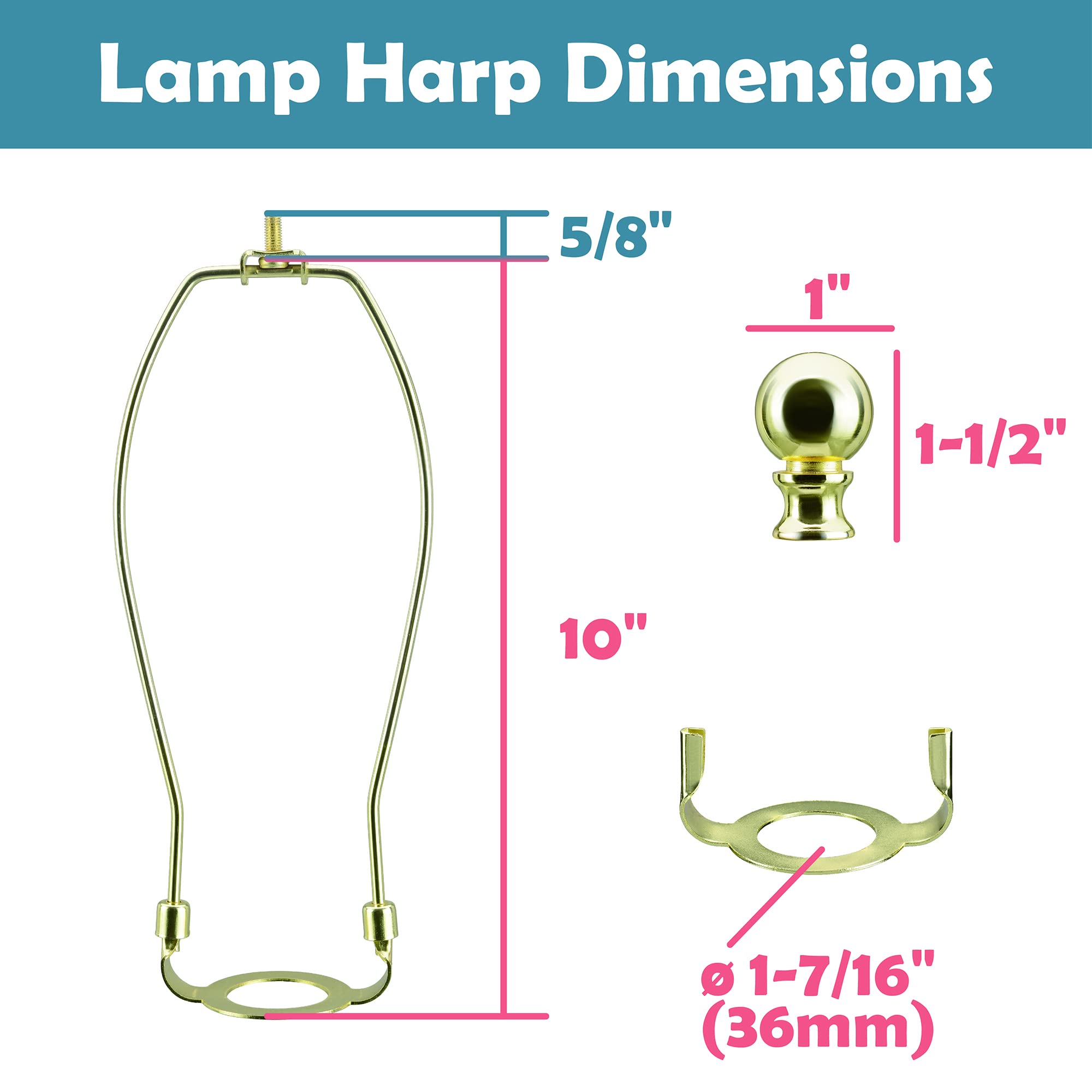 Aspen Creative 20041-12A, 10" Lamp Shade Harp Holder with E26 UNO Fitter Adapter, Includes Solid Steel Bumped Cylinder Finial, 10" Harp, and E26 36mm UNO Fitter in Brass Plated Finish, 2 Pack