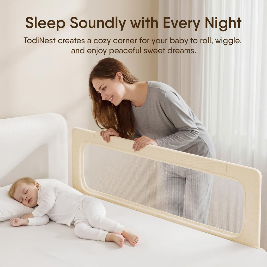 TodiNest Folding Bed Rail for Toddlers, Baby Bed Rail Guard with Reinforced Anchor Safety System, Toddler Bed Rails for King Size Beds, Twin, Full, Queen (Khaki, 71" L x 21.6" H)