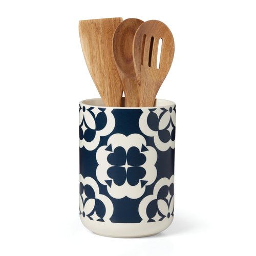 Kate Spade New York Elegant Geo Crock with Wood Utensils, one size, Blue