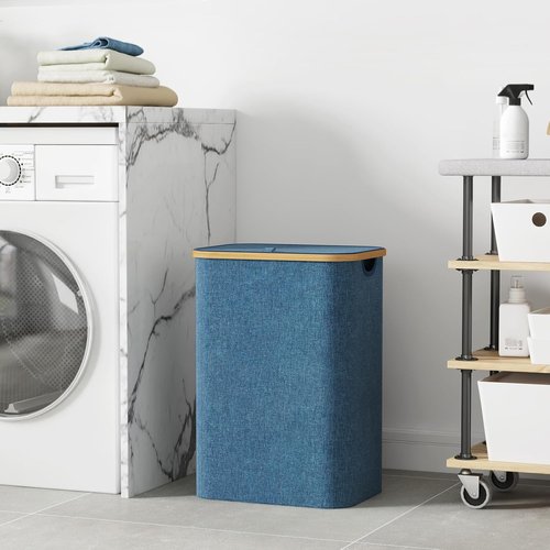 Lifewit 80L Laundry Basket - Foldable Clothes Hamper with Lid & Bamboo Handles | Dark Blue