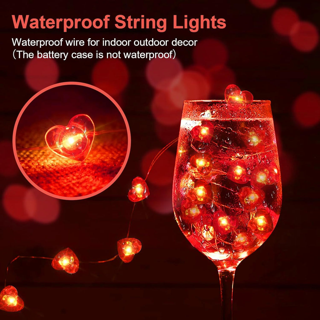 Skiennix Valentine's Day Red Heart Fairy Lights - 7Ft 20 LED Twinkle String Lights | Battery Operated & Waterproof, 2 Pack