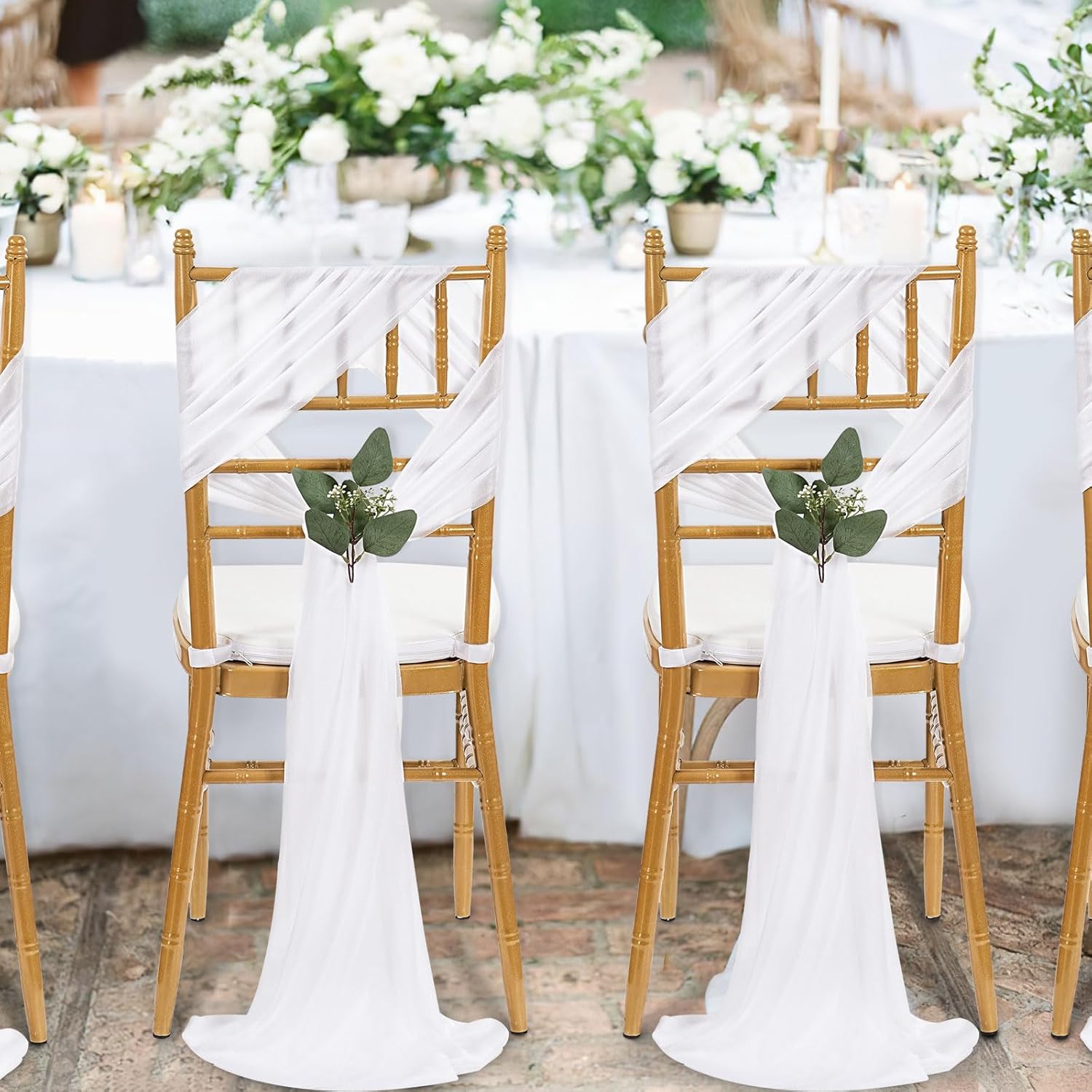 QueenDream Chair Sashes - 24 Packs of 8ft Long Sheer White Draping Fabric for Wedding & Party Decor