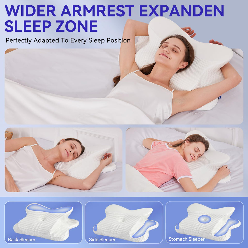 Deason Cervical Neck Pillow for Sleeping, Ergonomic Memory Foam Pillow for Neck Pain Relief, Adjustable Height Bed Pillow for Side & Back Sleepers, Ice Silk Breathable Cover, White