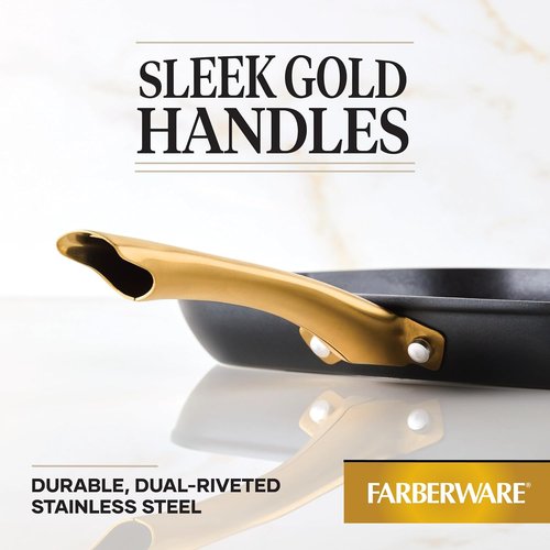 Farberware Forged Induction Ceramic Grill Pan - Nonstick, Dishwasher Safe, 11 Inch | Black and Gold