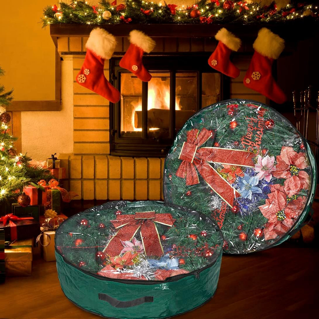 Propik Christmas Wreath Storage Bag - 36" Tear-Resistant Holiday Container with Clear Window - 2 Pack, Green