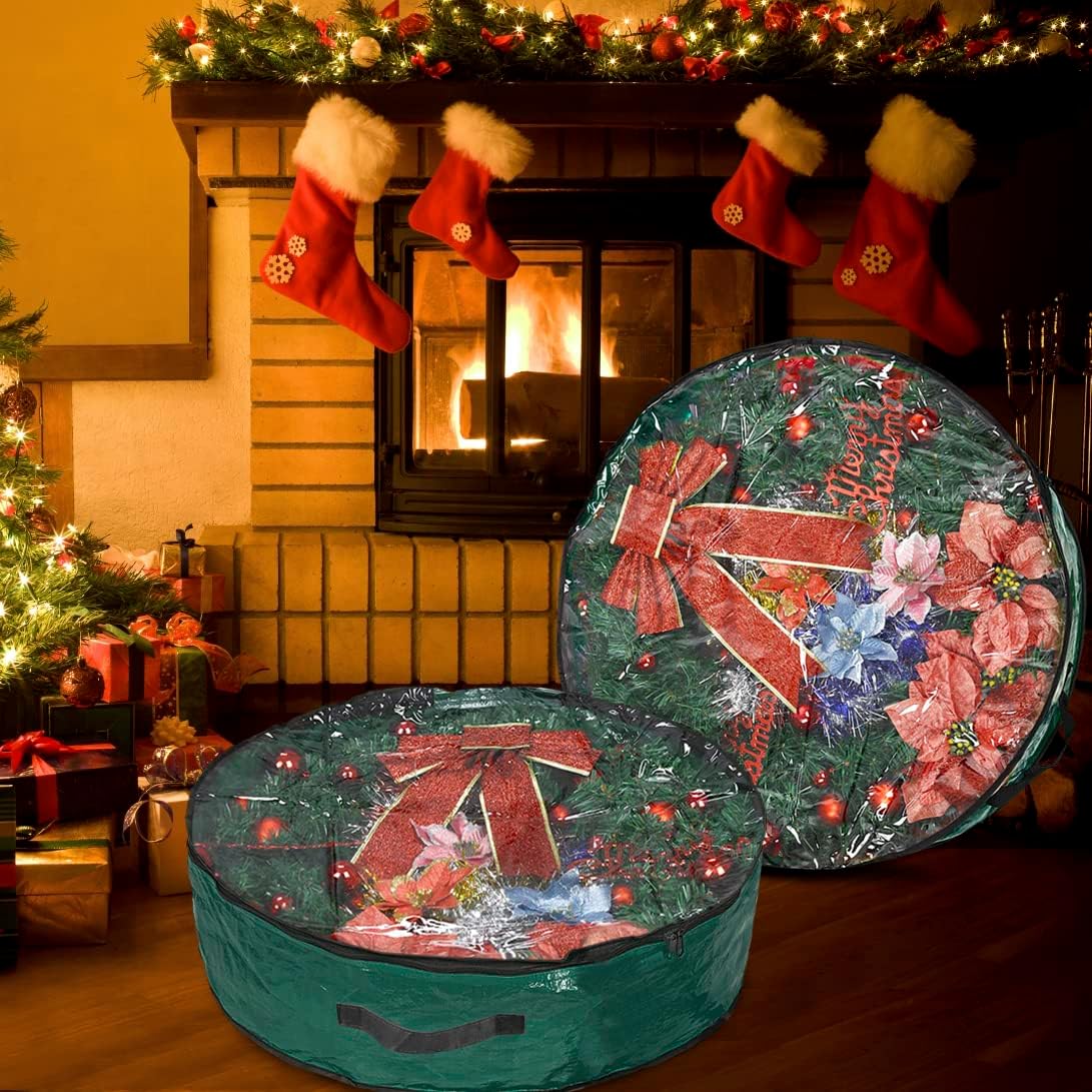 Propik Christmas Wreath Storage Bag - 36" Tear-Resistant Holiday Container with Clear Window - 2 Pack, Green