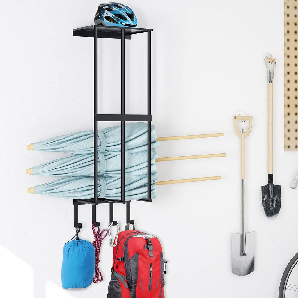 Skiennix Camping Chair Wall Storage Rack - Stainless Steel Organizer with 4 Hooks | Matte Black Finish