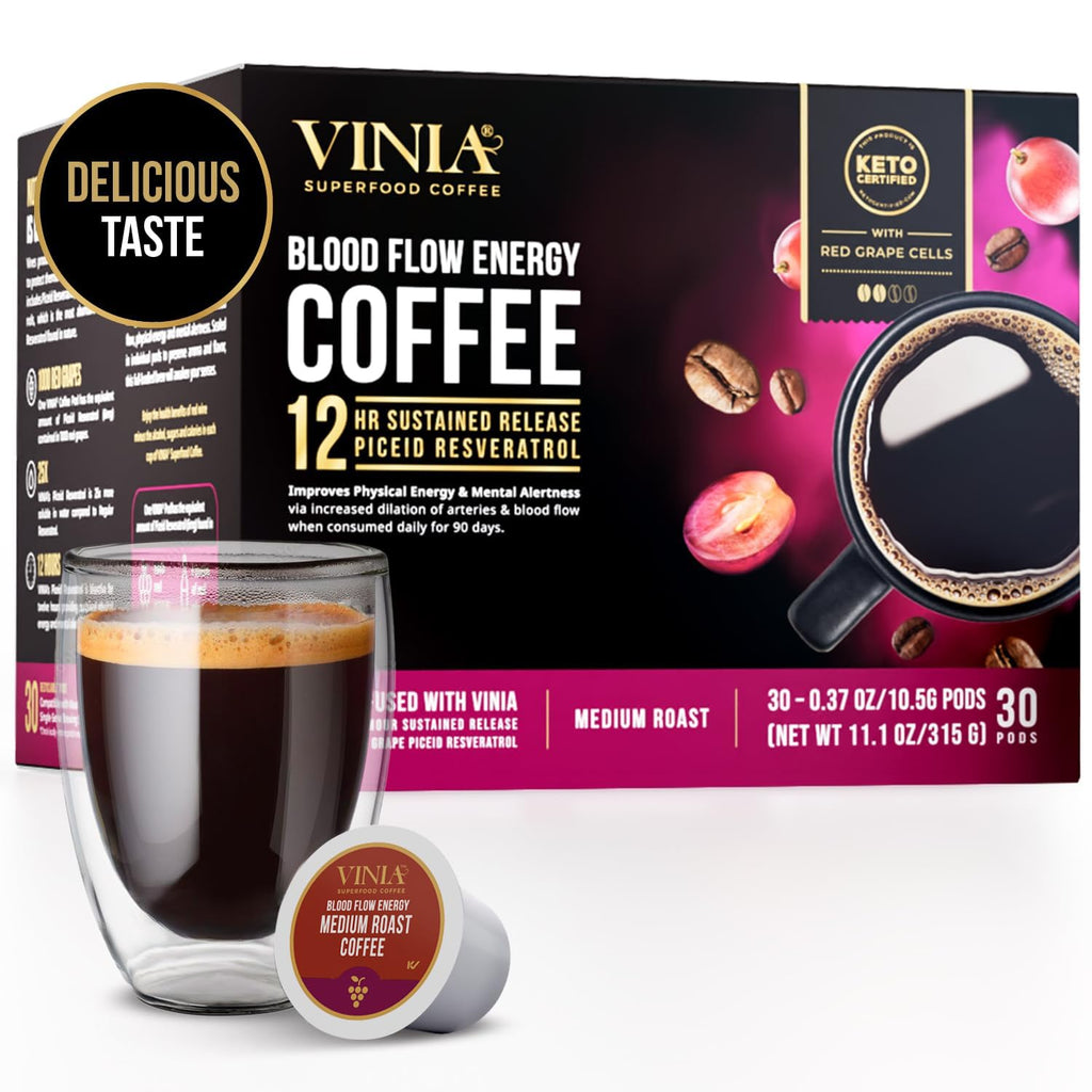 VINIA Medium Dark Roast Coffee with Red Grape Piceid Resveratrol, Nitric Oxide for Heart Health, Alertness, Physical Energy & Blood Flow Circulation. 30ct K-Cup Pods