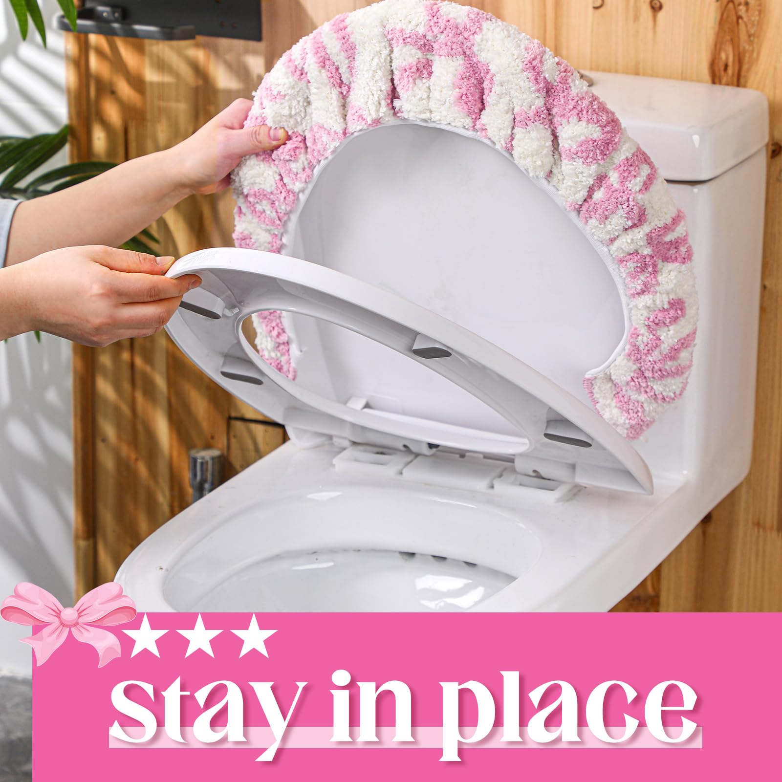 SmoothNovelty Toilet Lid Cover Washable Coquette Cute Plush Toilet Cover for Bathroom Decor Soft Microfiber 17.5 x 15 Inch Non Slip Rubber Backing Fits Most Round, Elongated(Rose Pink,Bow)
