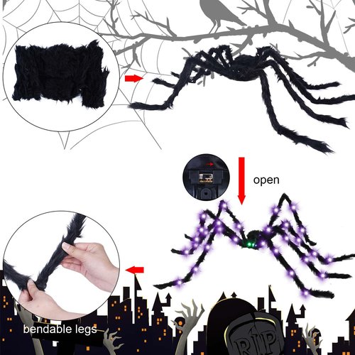 BEIGUO 6.6Ft Halloween Light Up Giant Spider,Scary Large Hairy Spider with Green Lighted Eyes for Yard Lawn Halloween Outdoor Decorations,Indoor Party Decor,Black