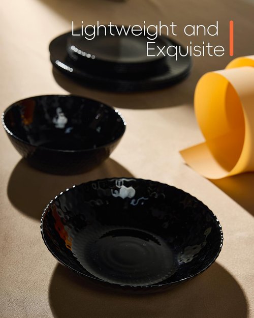 LaGlint 30 OZ Opal Glass Pasta Bowls - Set of 6 Black 8.5 Inch Round Serving Bowls | Microwave & Dishwasher Safe